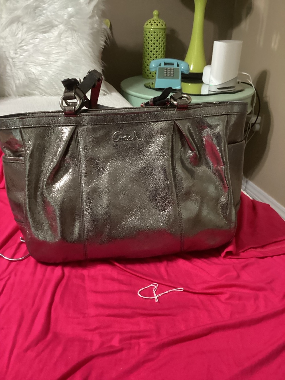 Coach Metallic Pewter Leather Tote with Dark Handles